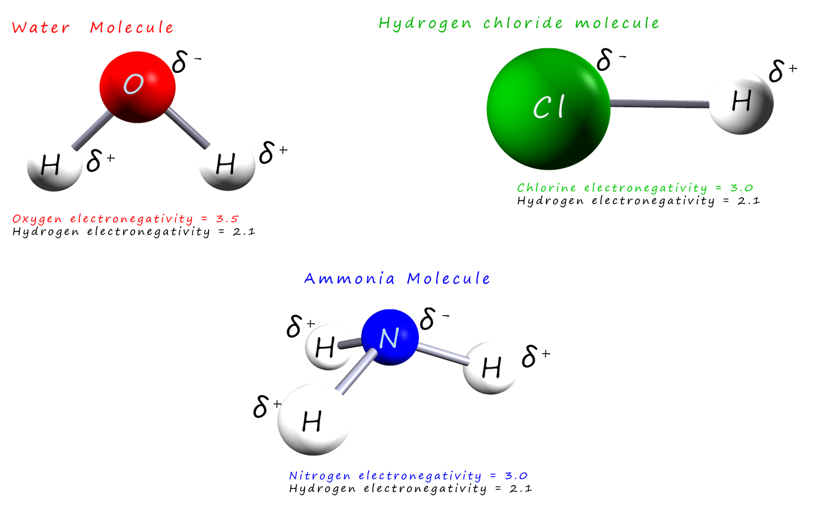 Water, ammonia and hydrogen chloride molecules are all polar molecules with polar covalent bonds